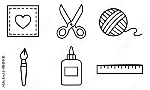 Hand drawn line art craft supplies set featuring a heart icon, scissors, a yarn ball, a paintbrush, a glue bottle, and a ruler for creative projects and hobbies
