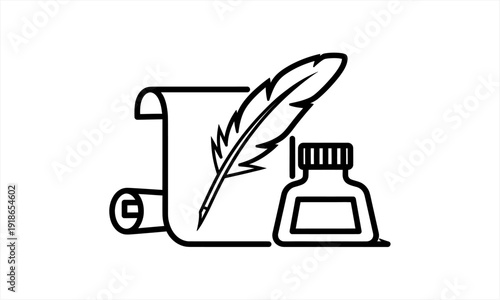 Quill pen ink bottle scroll paper writing icon.