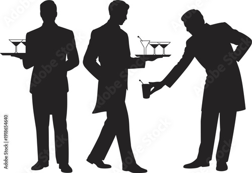 Black silhouettes of professional waiters in formal suits serving cocktails on trays and providing luxury catering service isolated on white background for event design