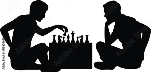 Black silhouettes of two young men sitting and playing a strategic game of chess on a board isolated on white background for competition desig
