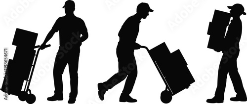 Black silhouettes of professional delivery men carrying cardboard boxes and using hand trucks for shipping and logistics service isolated on white background for design