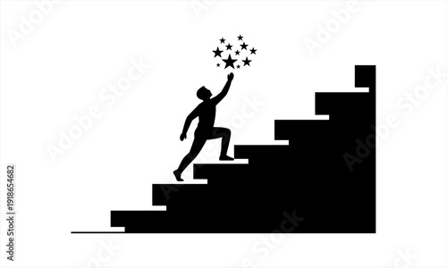 Silhouette of a person climbing stairs reaching for stars.