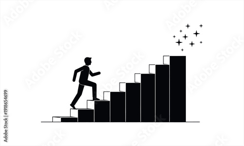 Silhouette of a person climbing stairs towards success and stars.