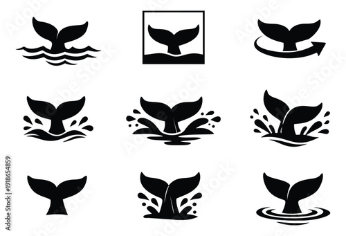 Glyph icon set featuring whale tails in different positions with water splashes and waves for marine and ocean related designs