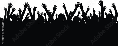 Vector silhouette of a cheering crowd with raised hands, audience at a concert, festival, or protest, group of people celebrating,
