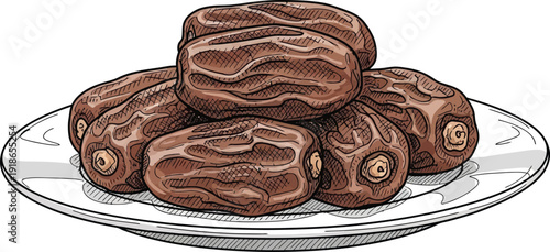 A stack of dried dates on a white plate rendered in a detailed hand-drawn illustration style perfect for food packaging healthy snack concepts or cultural designs