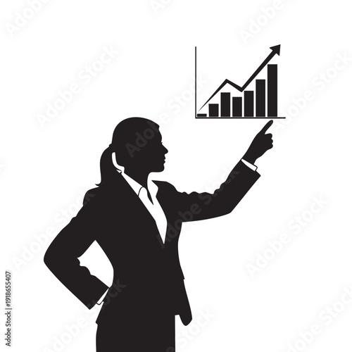 Businesswoman silhouette pointing at growth chart vector illustration, symbolizing financial success, business development, and market analysis achievements