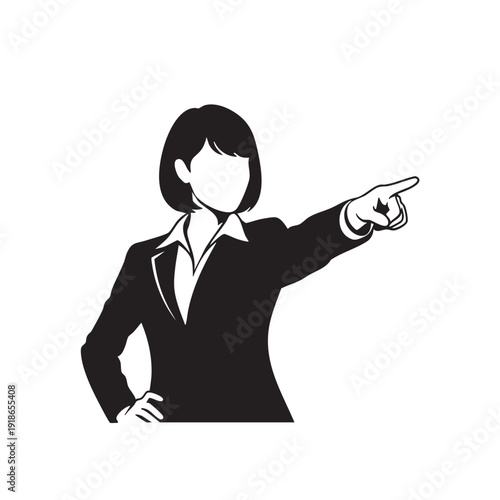 Businesswoman pointing finger forward vector silhouette, depicting direction, decision-making, and proactive approach in professional and leadership scenarios