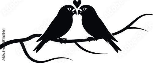 Romantic silhouette of two birds perched on a branch with touching beaks forming a heart shape, symbolizing love, affection, companionship, and nature illustration design.