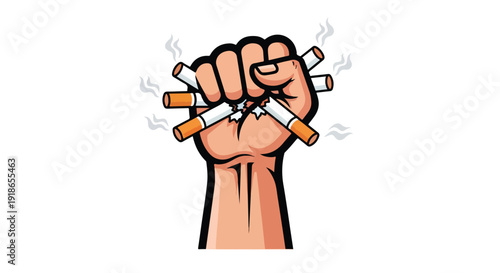 A clenched fist holding several lit cigarettes against a plain white background, symbolizing resistance to smoking.