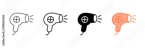 Set of minimalist hair dryer icons with transparent background, depicting styling tools, beauty appliances, and personal care symbols for UI design, vector illustration