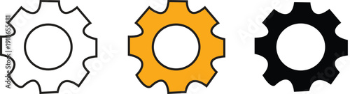 Three different colored gears white outline, orange, and black. A trio of versatile icons representing mechanical parts and industrial processes