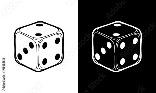 Two dice illustrations in black and white, showing different perspectives of the same object.