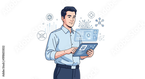 Illustration of a businessman holding a tablet with floating icons around him on a white background.