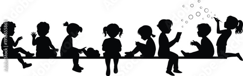 Vector silhouette set of children sitting on a ledge, group of kids playing, reading, and blowing bubbles for childhood design,v