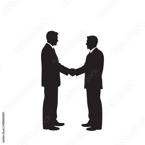 Two businessmen silhouette shaking hands, agreeing on deal, celebrating success, partnership, greeting, welcoming, friendly handshake, business agreement, isolated