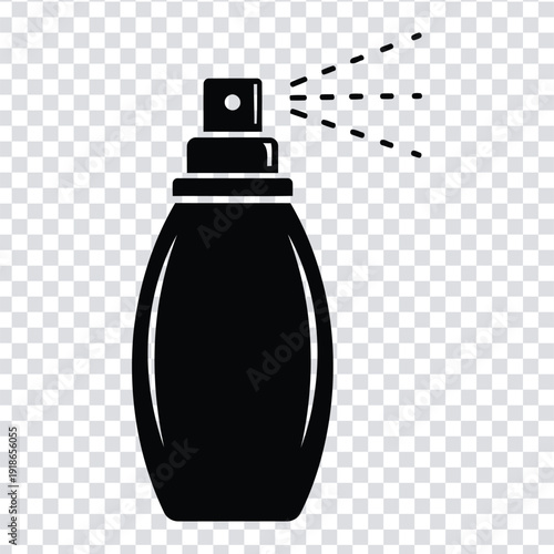 Black silhouette of a perfume spray bottle with spray coming out