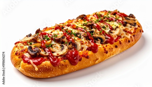 polish fast food zapiekanka topped with ketchup and mushrooms