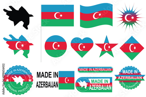 High-quality editable Azerbaijan vector elements including national flag icons, country map outline, crescent star symbols and made in Azerbaijan stamps. Suitable for branding, marketing and posters.