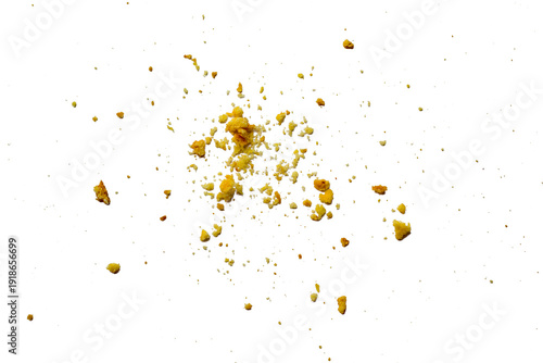 Foto Cake crumbs were scattered across the white background.