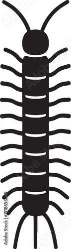 Vector art of a black centipede with many legs is shown, its body curved in an sshape, antennae extended, creating a striking contrast against the white backdrop