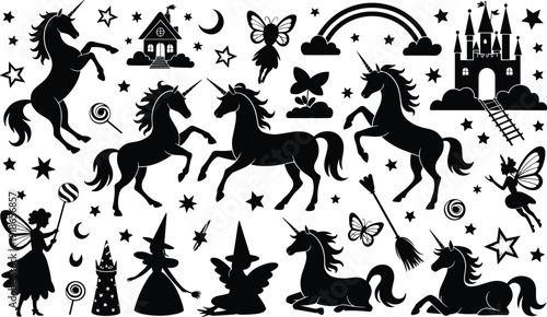Vector silhouette set of magical unicorns, fairies, and fantasy castle with stars and rainbow for children storybook and nursery decor,