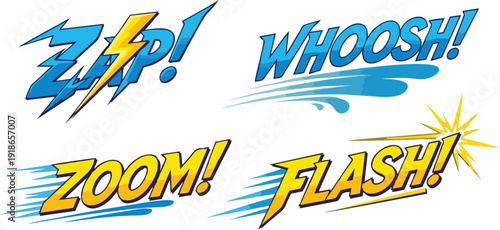 Comic Book Sound Effects: Dynamic graphic depicting comic book sound effects including ZAP!, WHOOSH!, ZOOM! and FLASH! expressing energy and action.