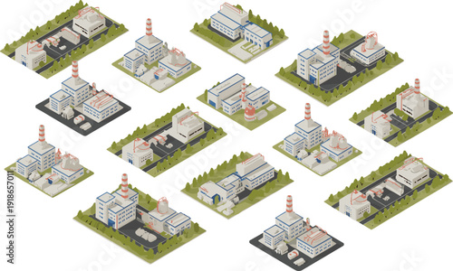 Isometric industrial factory buildings collection, power plant and manufacturing facilities vector illustration set isolated on light background