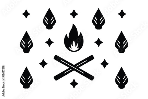 Cozy fireplace accessories pattern with logs and burning candles, a warm flat vector illustration for winter holidays and home comfort.