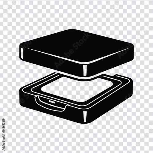 Black and white illustration of an open suitcase with handle