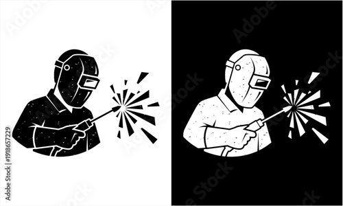 Welder at work with sparks flying, industrial worker silhouette.