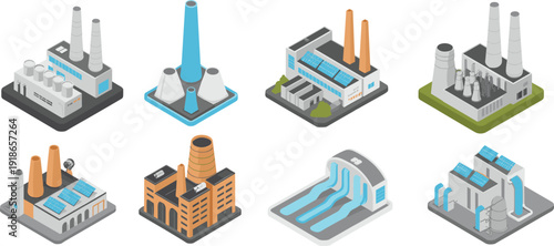 Isometric industrial power stations and renewable energy plants collection, factory buildings with solar panels vector illustration set