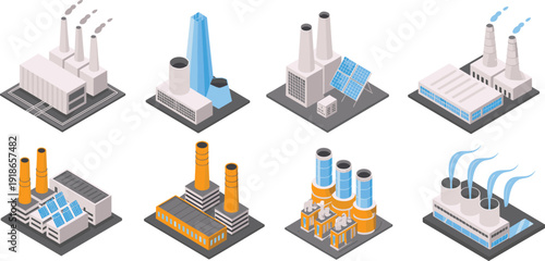 Isometric power plant icons set, industrial energy factories with smokestacks and renewable solar panels vector illustration collection