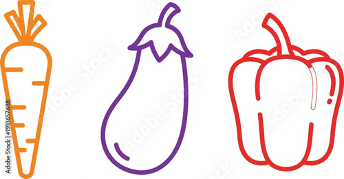 Collection of minimalist outline vector icons depicting fresh vegetables like carrot eggplant and bell pepper suitable for healthy food apps and web design elements