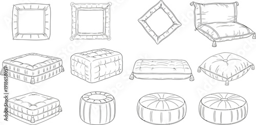 Collection of hand-drawn outline cushions pillows and poufs in various shapes perfect for interior design concepts and home decor elements