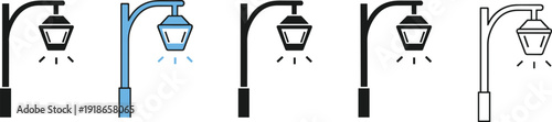 Street lamp icon set vector illustration, modern outdoor lighting symbols in outline and filled styles isolated on white background