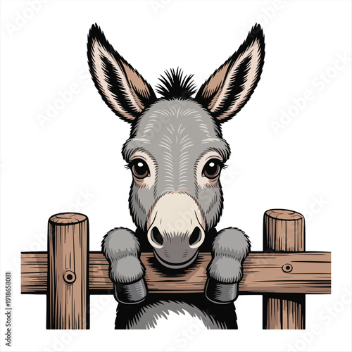 Adorable Cartoon Donkey Peeking Over a Wooden Fence