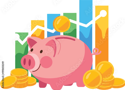 Investing in Prosperity: A charming piggy bank, a symbol of saving and investment, is accompanied by a growing financial chart and scattered gold coins, illustrating financial growth. 