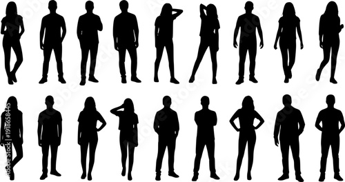 Vector silhouettes man and women, illustration. Silhouettes of young people posing in casual clothes. Transparent background EPS version.