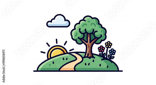 Sunrise over green hill with tree and winding path