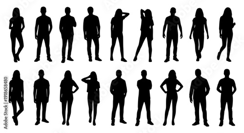 Vector silhouettes man and women, illustration. Silhouettes of young people posing in casual clothes. Transparent background SVG version.