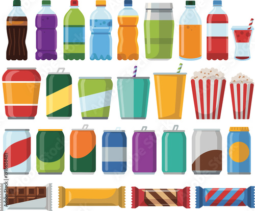 Assorted Soft Drinks Soda Cans Bottles Popcorn and Candy Bars Vector Illustration Set Isolated on White Background for Beverage and Snack Packaging Design