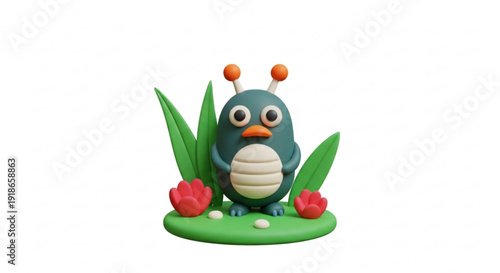 Colorful cartoon bird figurine with flowers and leaves on green base