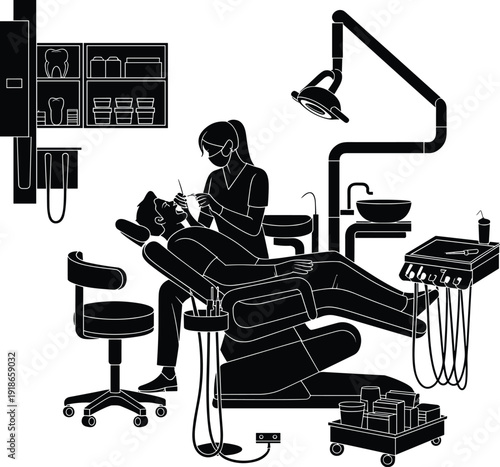 Black and white vector silhouette of a dentist treating a patient in a dental clinic with professional equipment for healthcare stomatology and medical branding