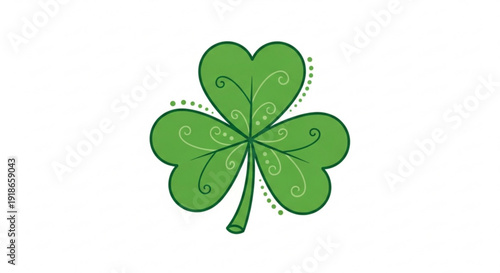 Stylized green four leaf clover with floral patterns on a white background symbolizing good luck and fortune