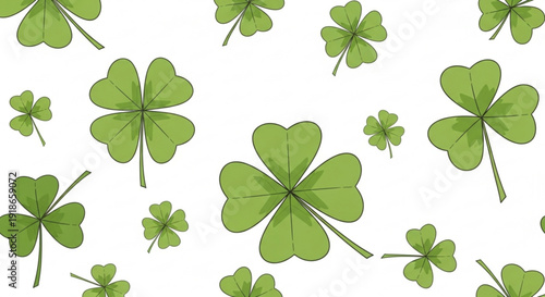 Collection of green four leaf clover illustrations on white background varying sizes and detailed veins