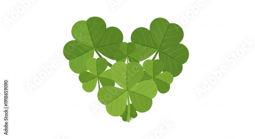 Heart shape formed by multiple green four leaf clovers on white background symbolizing luck and fortune