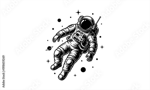 Astronaut floating in space with stars and planets around.
