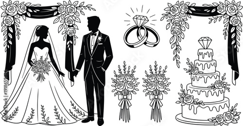 Black and white vector silhouette set of a bride and groom wedding rings tiered cake flower bouquets and floral arch for marriage branding