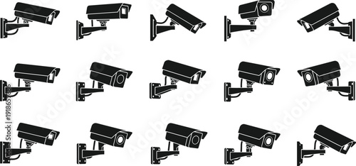 CCTV security camera silhouette icon set with various angles surveillance monitoring system isolated on white background protection technology vector collection